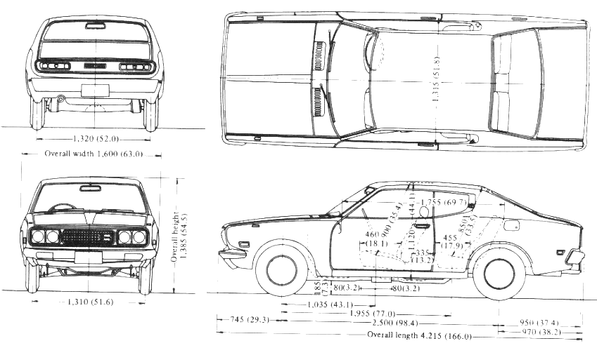 Bil (foto skitse tegning-bil ordning) Datsun 180 B 610 Coupe