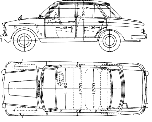 Bil (foto skitse tegning-bil ordning) Datsun Bluebird 410 1966