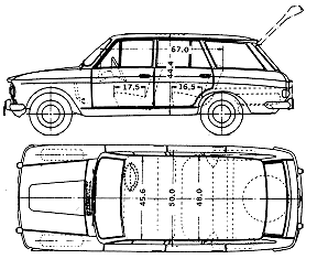 Bil (foto skitse tegning-bil ordning) Datsun Bluebird 410 Wagon 1965