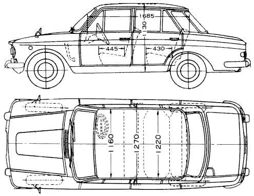 Bil (foto skitse tegning-bil ordning) Datsun Bluebird 411 1967