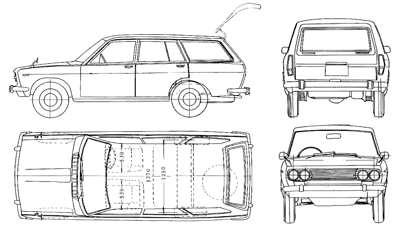 Bil (foto skitse tegning-bil ordning) Datsun Bluebird 510 Wagon 1970