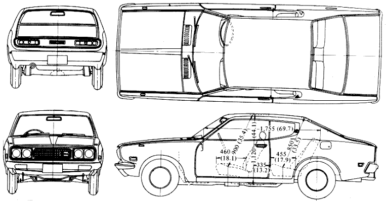 Bil (foto skitse tegning-bil ordning) Datsun Bluebird 610 Coupe 1977