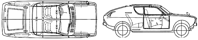 Bil (foto skitse tegning-bil ordning) Datsun Cherry Coupe 1970