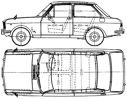 Bil (foto skitse tegning-bil ordning) Datsun Sunny B10 2-Door 1968